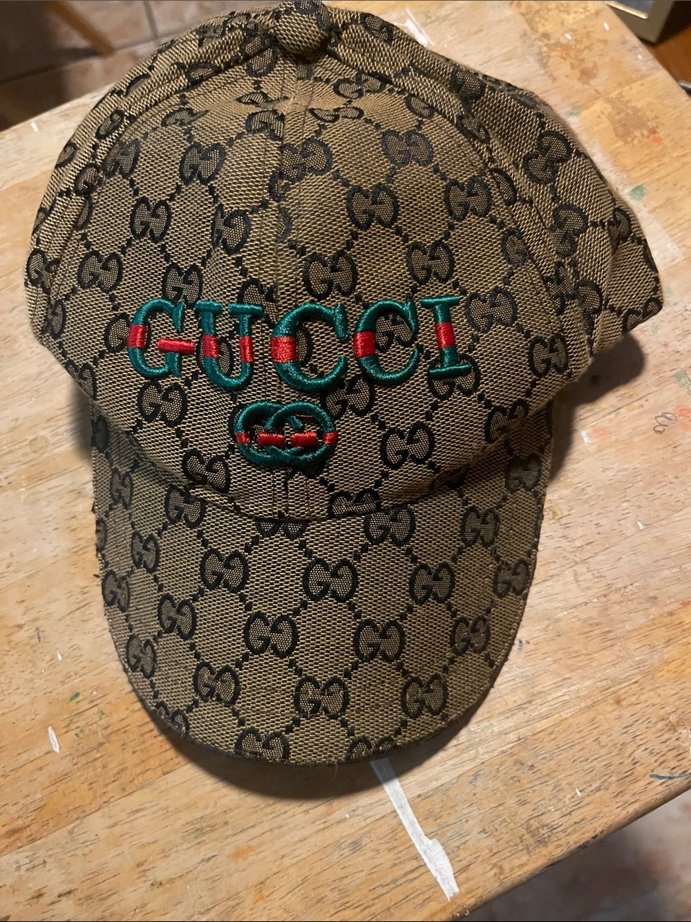 Gucci Brown GG Canvas Cap with Green & Red Embroidered Logo